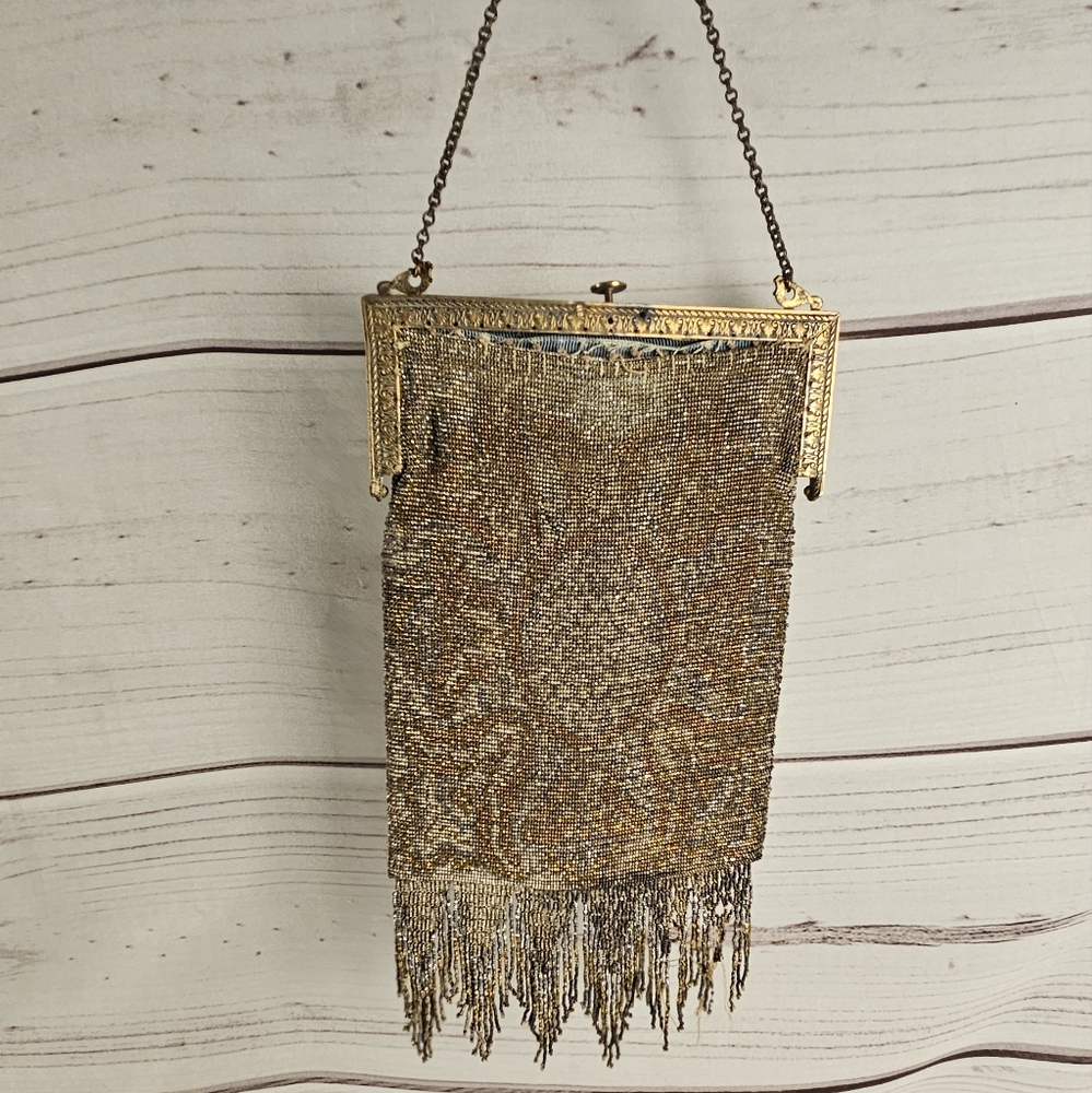 Vintage French Cut Early 1900s Steel Beaded Fringe Purse Art Deco Handbag